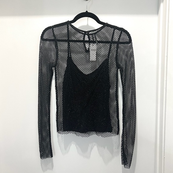 Anthropologie Long-Sleeve Beaded Mesh Top (XXS) - Picture 4 of 6